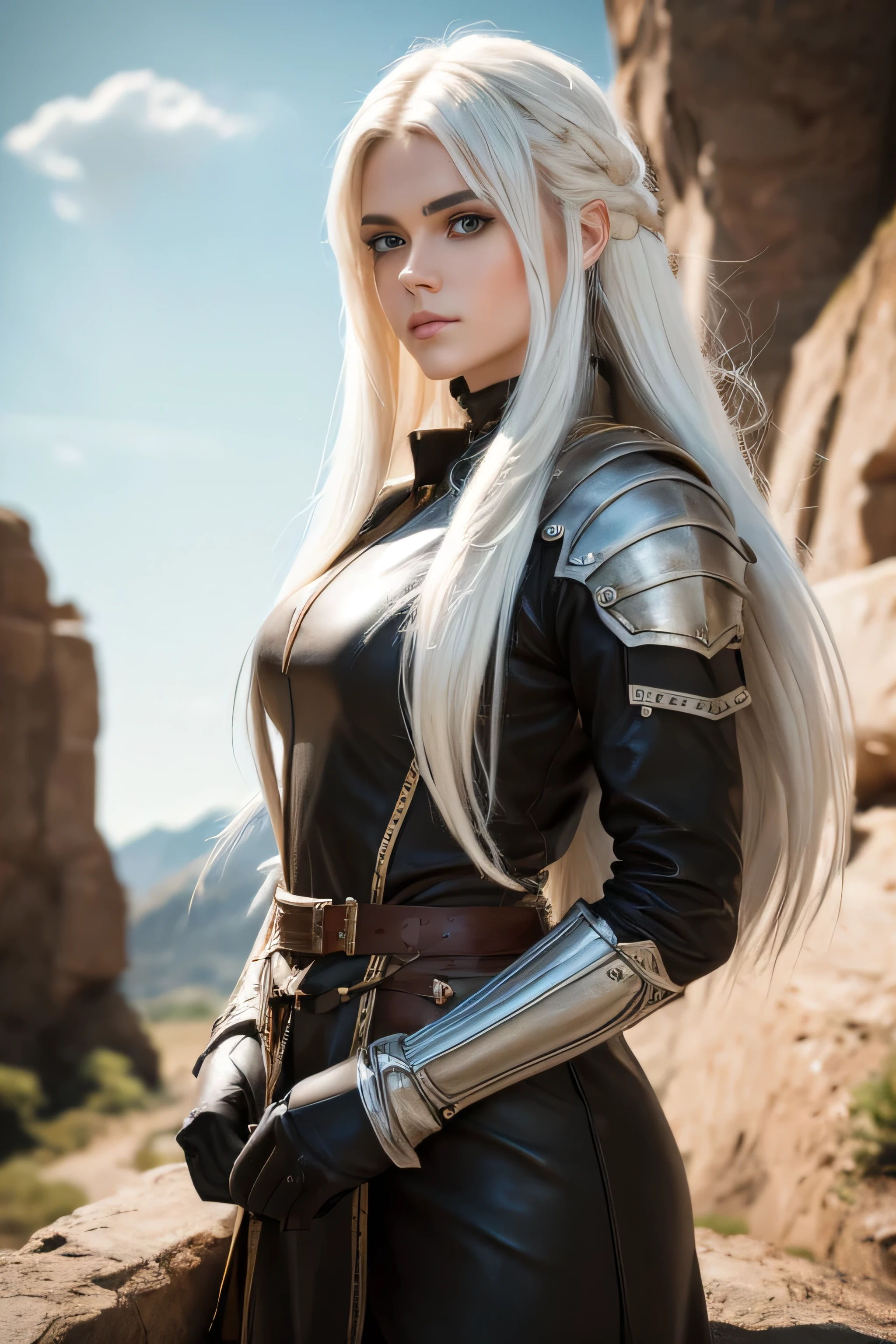 1 female medival ranger, long white hair, wearing leather, 25 years old, absurdres, high res, ultrasharp, 8K, masterpiece, the image should be of absurd resolution and high detail. It should be ultra-sharp and available in 8K resolution, representing a masterpiece in image quality.