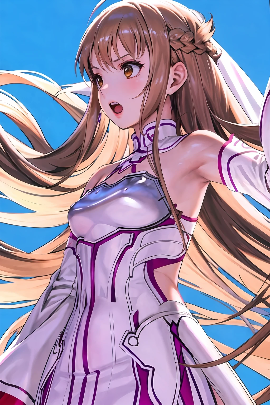 SFW, 1girl, armor, armpits, asuna \(sao\), bangs, bare shoulders, blue background, braid, breastplate, brown eyes, brown hair, detached sleeves, dress, fantasy, floating hair, french braid, hyulla, long hair, looking away, looking to the side, medium breasts, open mouth, shiny, shiny hair, solo, teeth, upper body, upper teeth only, very long hair, white dress