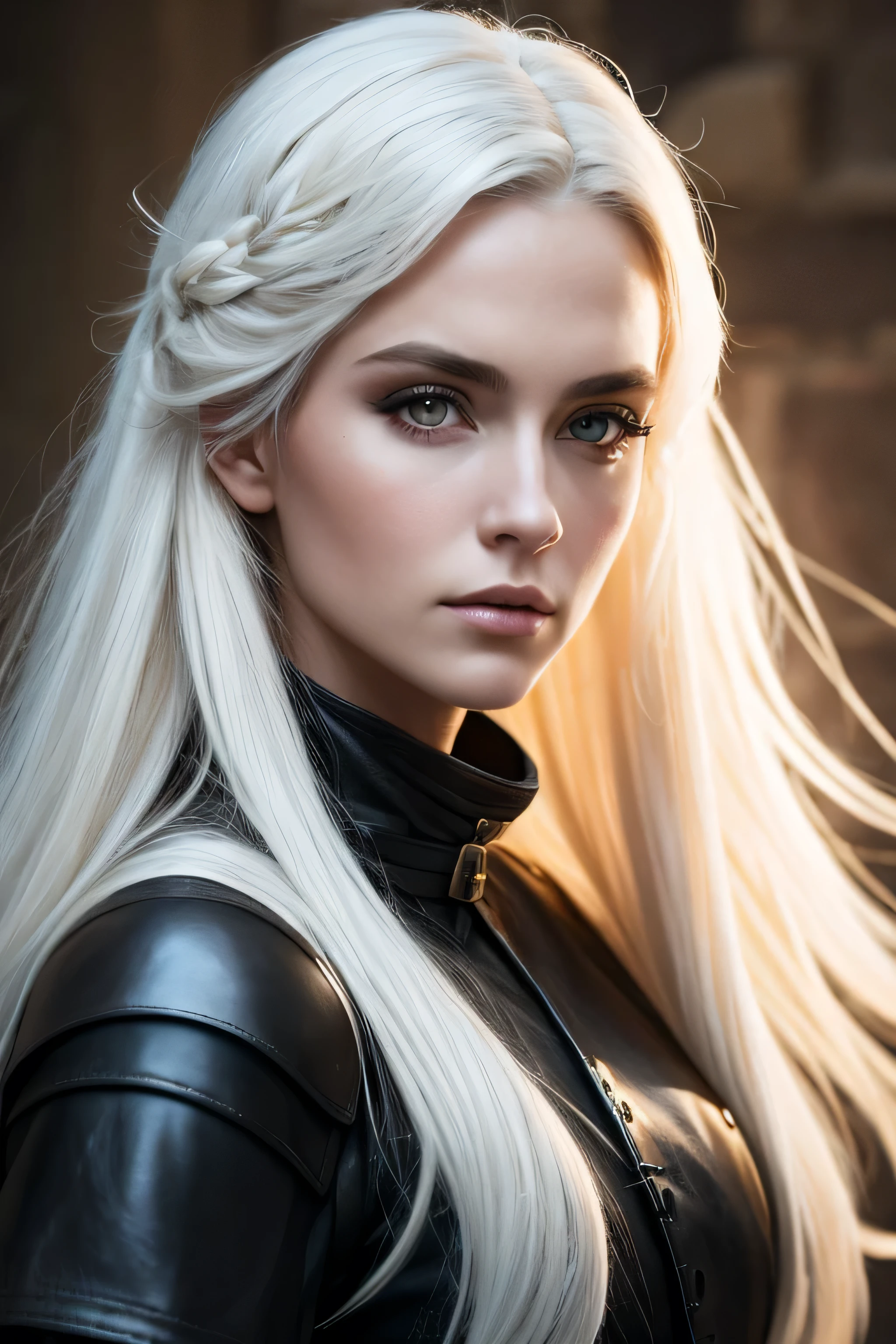 1 female medival ranger, long white hair, wearing leather, 25 years old, absurdres, high res, ultrasharp, 8K, masterpiece, the image should be of absurd resolution and high detail. It should be ultra-sharp and available in 8K resolution, representing a masterpiece in image quality.