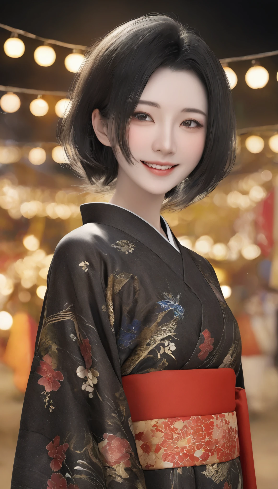 (kimono),(highest quality,masterpiece:1.3,Ultra-high resolution,),(Very detailed,Caustics),(Realistic:1.4,RAW shooting,)Ultra-Realistic Capture,Very detailed,High resolution 16K suitable for human skin,Translucent white skin,Use natural light and color,1 female,Japanese,,beautiful, 18-year-old, smile, Black Hair, Medium Hair,(Depth of written border, chromatic aberration,, Wide range of lighting, Natural Shading,),(Hair swaying in the wind: 1.1),(Outdoor lighting at night: 1.3),(Summer festival fair background: 1.2), front