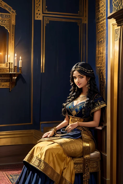oil painting,In a room, Moroccan atmosphere, young woman,navy blue dress with gold embroidery, bodice with detailed beading cascading down long flowing skirt, long black curly hair, traditional Moroccan tiles and ornate furniture, a slight smile as she looks on someone,play of light and shadow, flickering