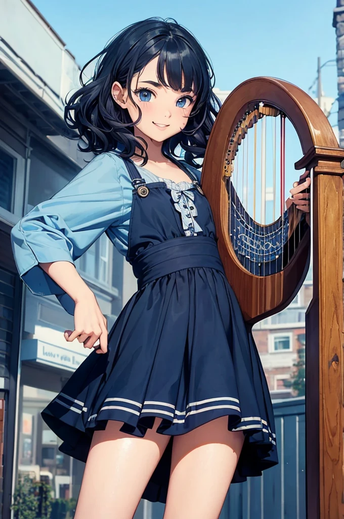 (masterpiece, highest quality:1.1),popart style ,(Flat Color),(One Girl Playing Irish Harp),enjoy playing,smile,at Ireland,BREAK,(tween,(darkblue wavy-short hair),parallel eyebrows),