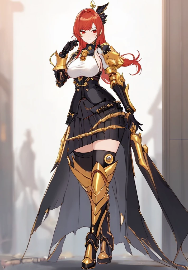 a woman in a black and gold outfit with a large breast, ayaka genshin impact, roguish smirk, ayaka game genshin impact, marin kitagawa fanart, biomechanical oppai, portrait knights of zodiac girl, rogue anime girl, waifu, oppai, megumu okada, from the azur lane videogame, long red hair, golden gauntlet, red skirt, long boots, full body, golden boots, red eyes