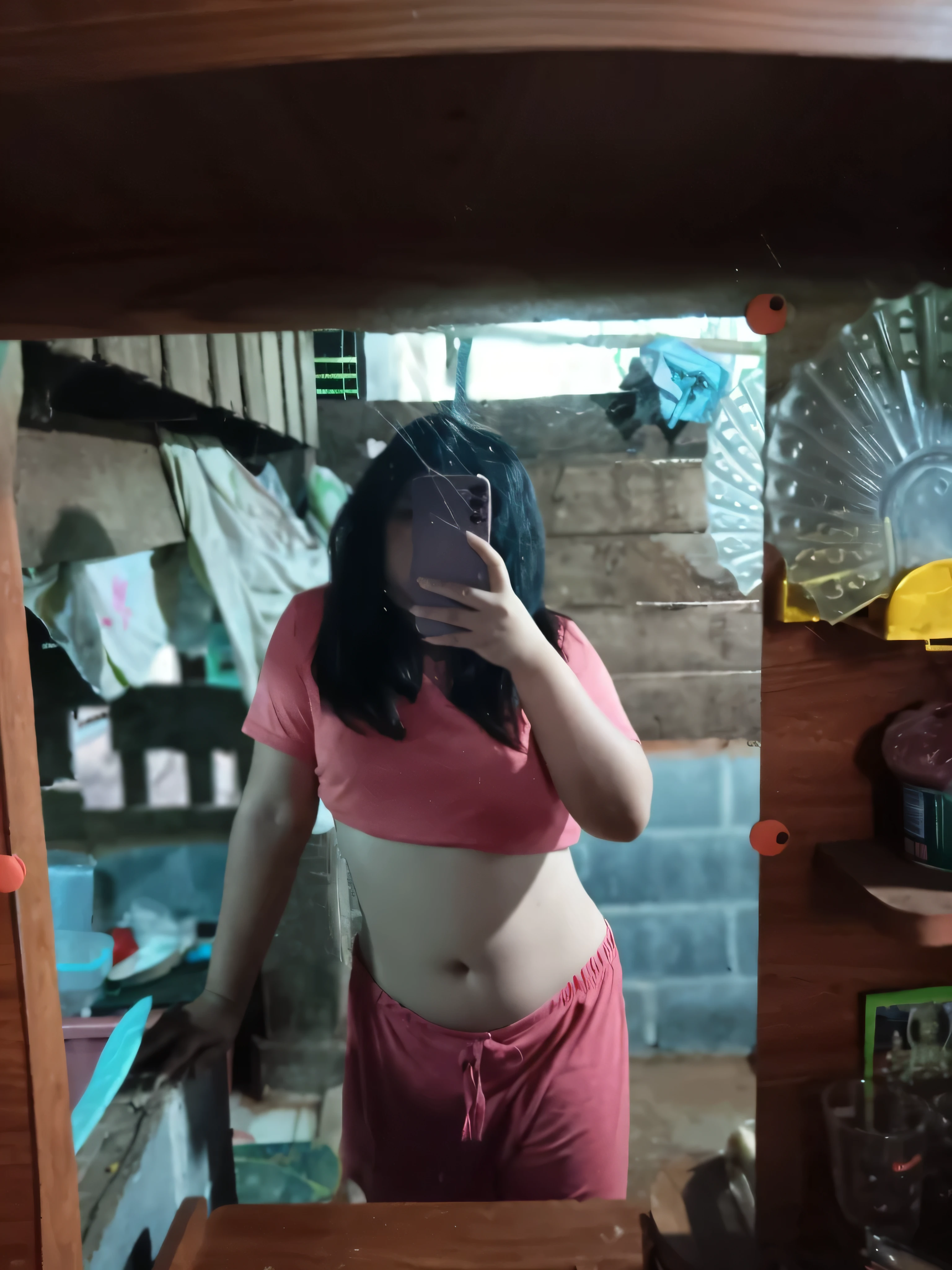there is a woman taking a picture of herself in the mirror, belly exposed, her belly button is exposed, half body cropping, low quality photograph, middle body shot, belly button showing, her belly is fat and round, half body photo, she has a jiggly fat round belly, very very low quality picture, skinny waist and thick hips