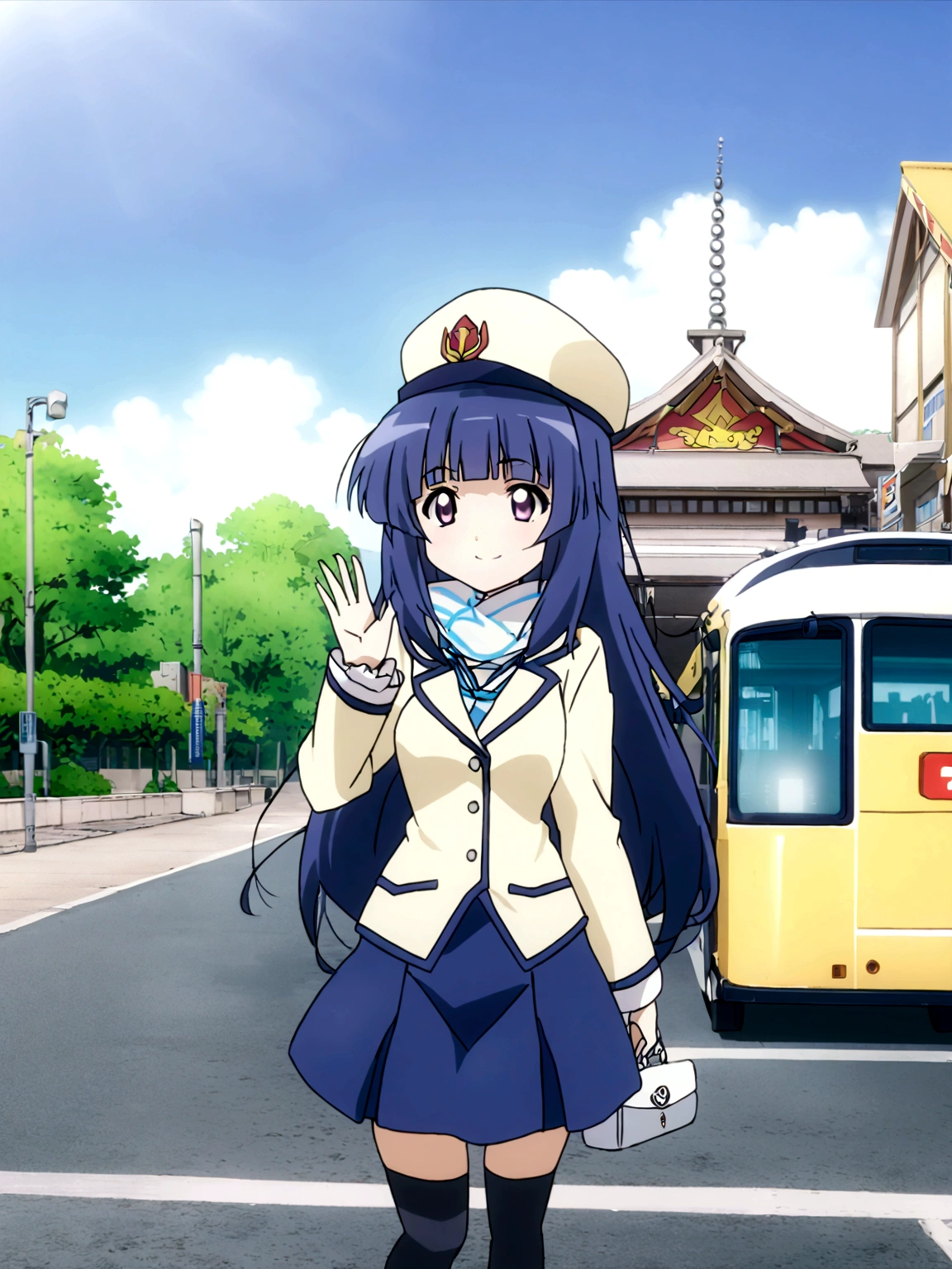 One girl, alone, Full Out Rika, cute, Blue Hair, Purple eyes, Long Hair, blunt bangs, bangs, Stewardess Hat, Scarf V-Neck Back Tie, front tie, (White handbag), Bus, Bus Guide, Navy Blue Skirt, Suit skirt, Mid-length skirt, Light blue patterned scarf, navy blue hat, smile, chibi anime