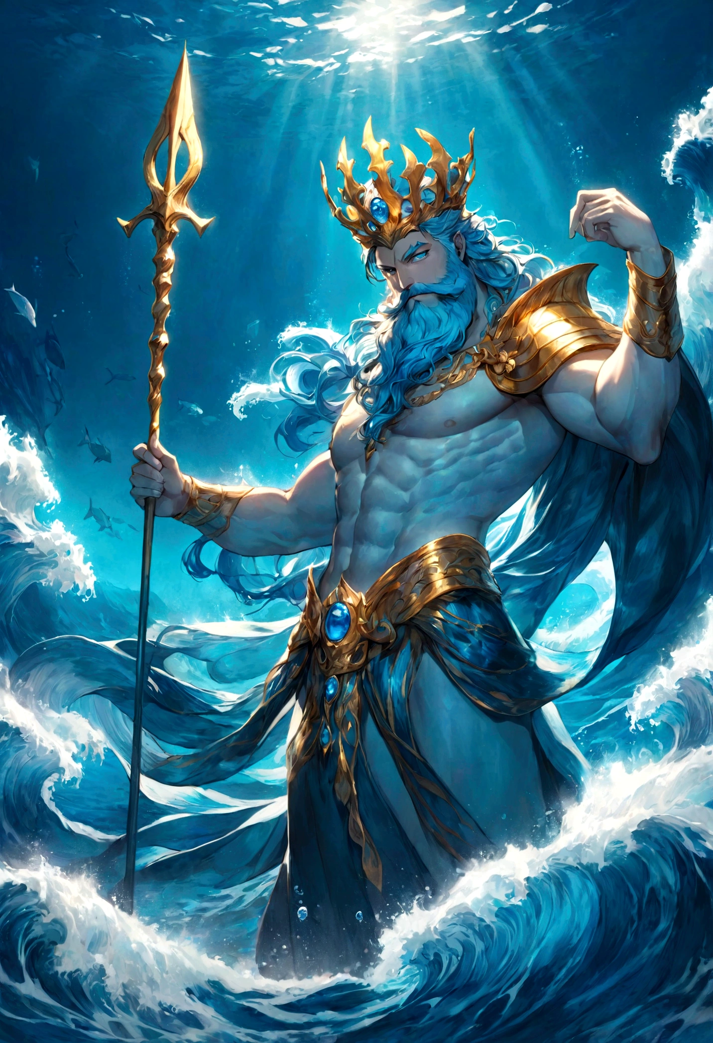 Fantasy anime-style Poseidon, the mighty and majestic sea god. He stands in the blue sea, with waves rising around him, symbolizing the power of the ocean. A golden crown adorns his head, with striking blue eyes and a lush beard. He wields a trident in his hand and stands in an elegant pose. The background depicts the mystical underwater scenery, representing the mystery of the sea. The design is characterized by vibrant anime-style colors and detailed rendering. Poseidon's strength and coolness shine through.