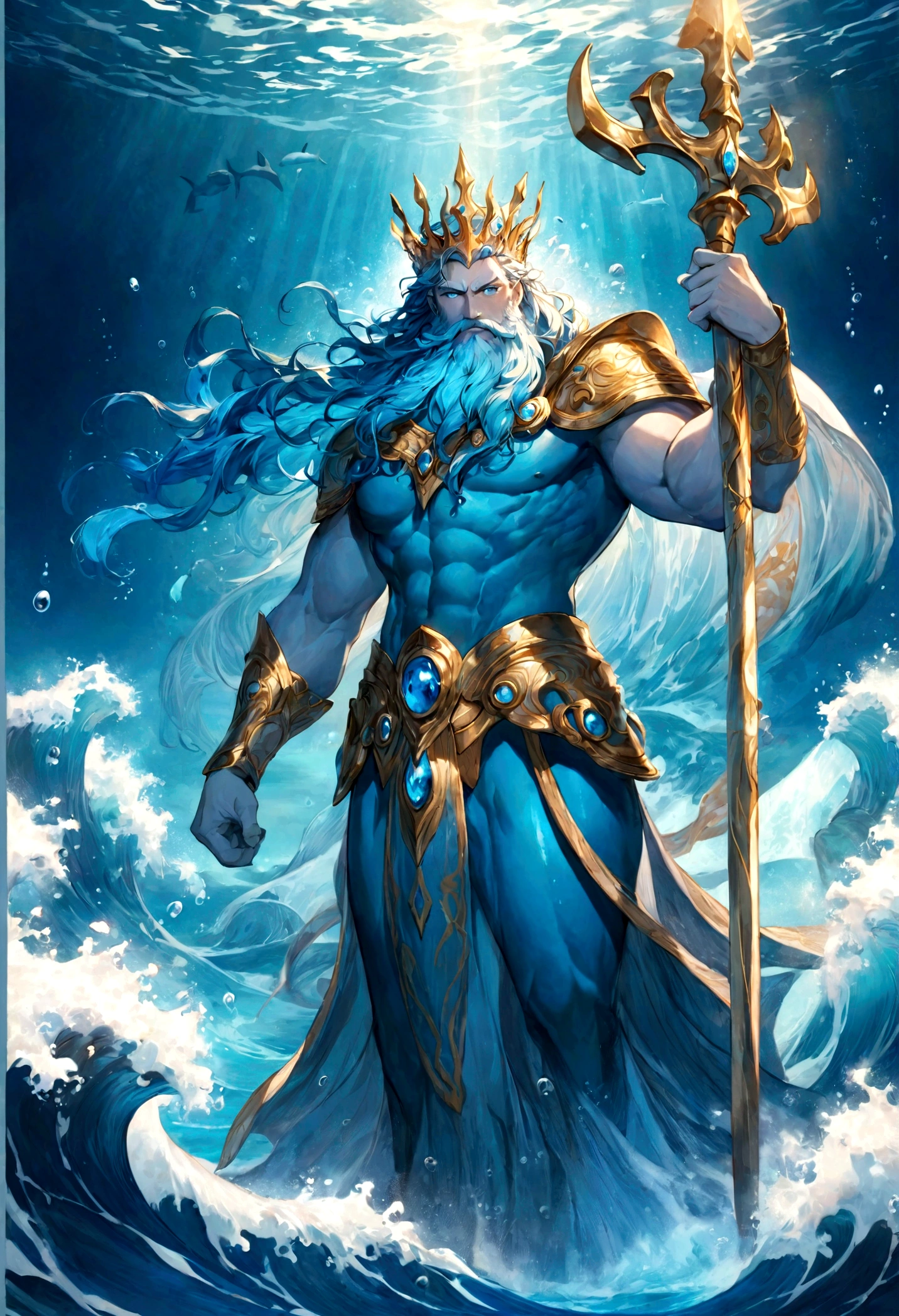 Fantasy anime-style Poseidon, the mighty and majestic sea god. He stands in the blue sea, with waves rising around him, symbolizing the power of the ocean. A golden crown adorns his head, with striking blue eyes and a lush beard. He wields a trident in his hand and stands in an elegant pose. The background depicts the mystical underwater scenery, representing the mystery of the sea. The design is characterized by vibrant anime-style colors and detailed rendering. Poseidon's strength and coolness shine through.