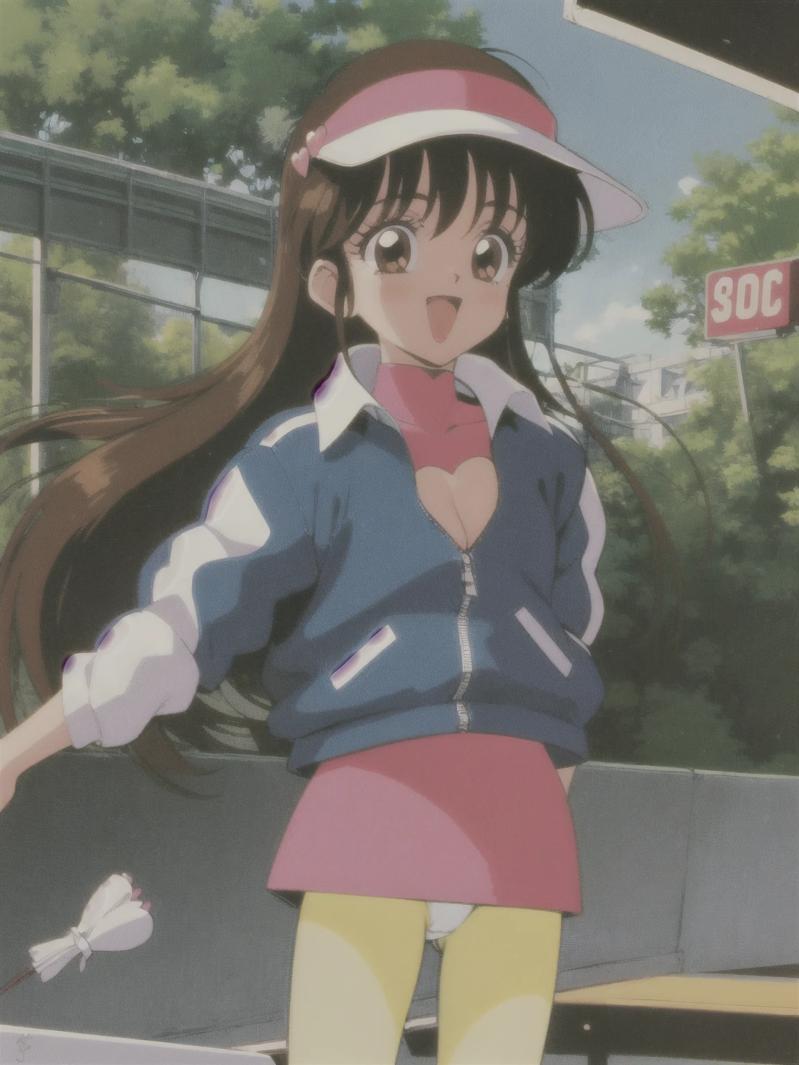 asusugodr, 1girl, solo, visor cap, heart, hair ornament, jacket, dress, pantyhose, retro artstyle, open mouth, 1990s (style), looking at viewer, smile, outdoors, sky, cowboy shot, cleavage cutout, race queen ,White underwear, Panty shot