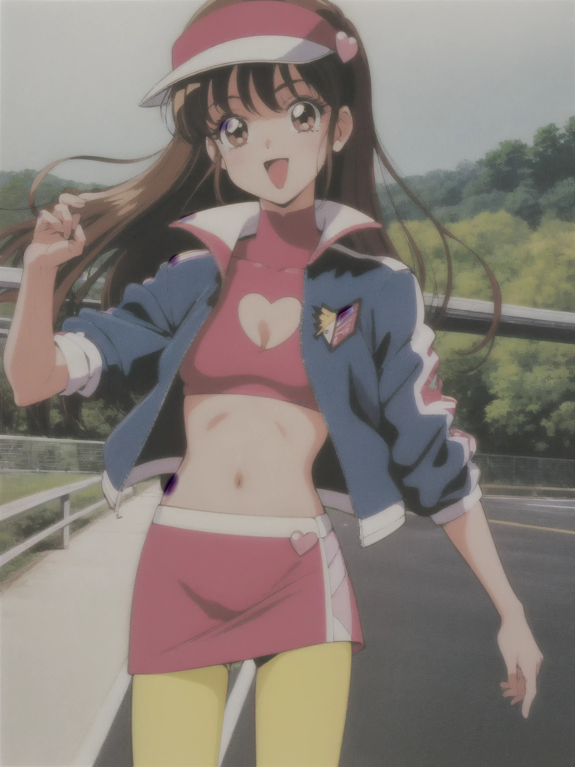 asusugodr, 1girl, solo, visor cap, heart, hair ornament, jacket, dress, pantyhose, retro artstyle, open mouth, 1990s (style), looking at viewer, smile, outdoors, sky, cowboy shot, cleavage cutout, race queen ,White underwear, Panty shot