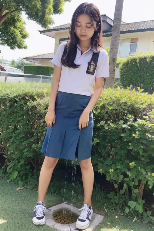 A teen girl with Indonesia face, approximately 16 years old. The girl can be seen in the process of peeing. Standing. Wet patch. Incontinence (urination:1.5) (peeing in skirt) (facw view to camera)