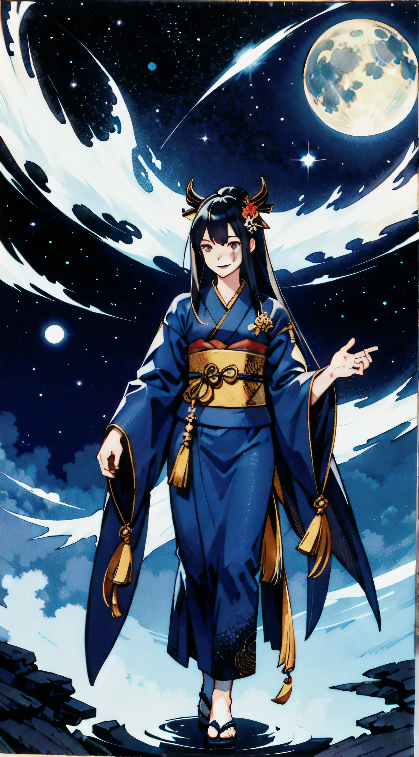 Tsukuyomi. A goddess who appears in Japanese mythology. Navy blue kimono. Divine hair ornament. Starry sky and a big moon. Smiling at the rabbits at her feet.