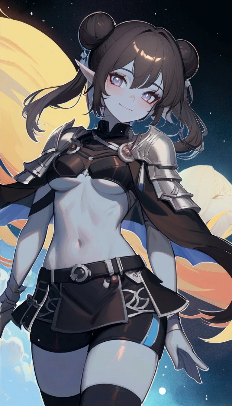 anime girl with long hair and a cape over her shoulders, armor girl, pale black armor, bikini armor female knight, female protagonist 👀 :8, a very beautiful berserker woman, from arknights, extremely detailed artgerm, portrait of a female anime hero, detailed anime character art, ayaka genshin impact, smile, warm
