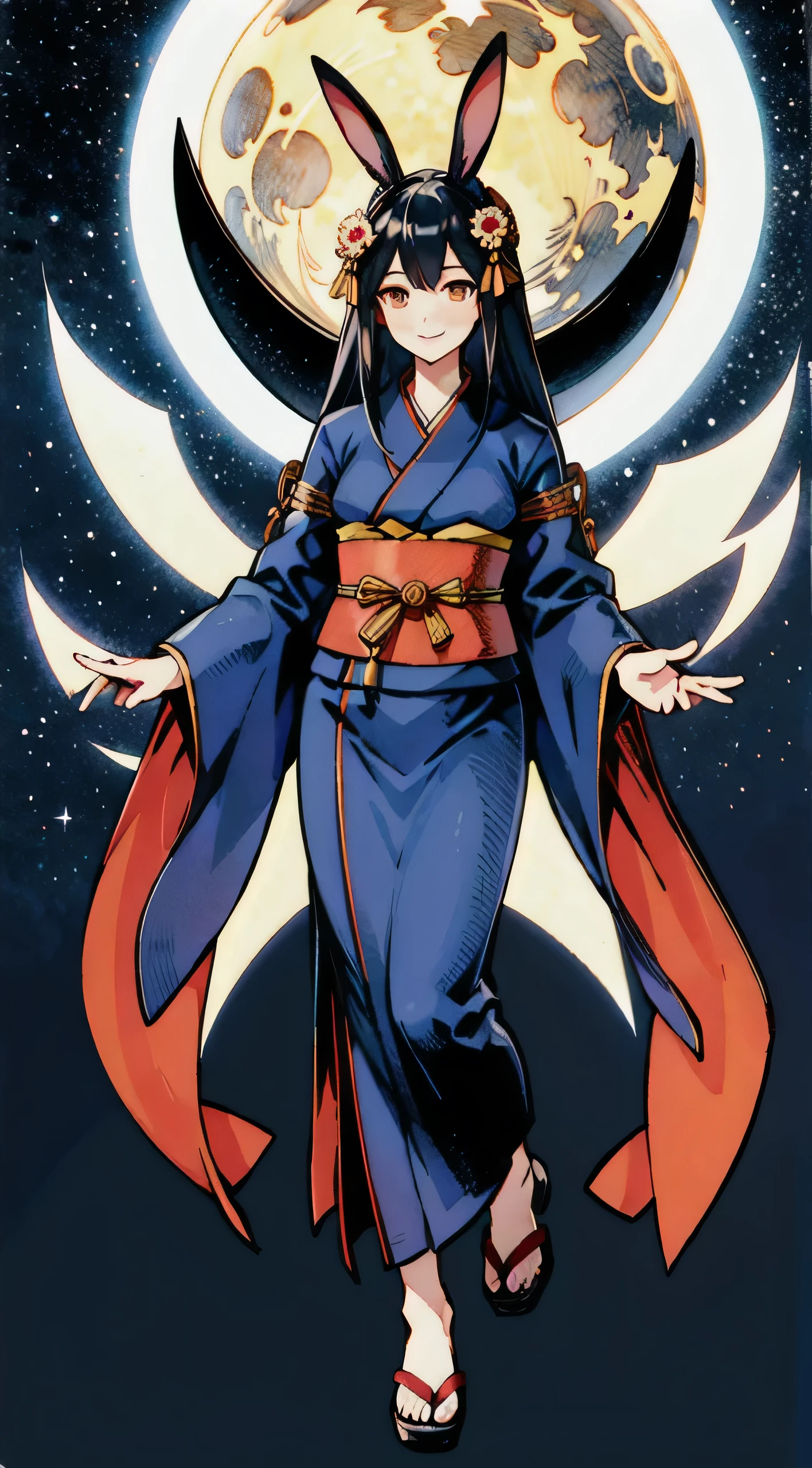 Tsukuyomi. A goddess who appears in Japanese mythology. Navy blue kimono. Divine hair ornament. Starry sky and a big moon. Smiling at the rabbits at her feet.