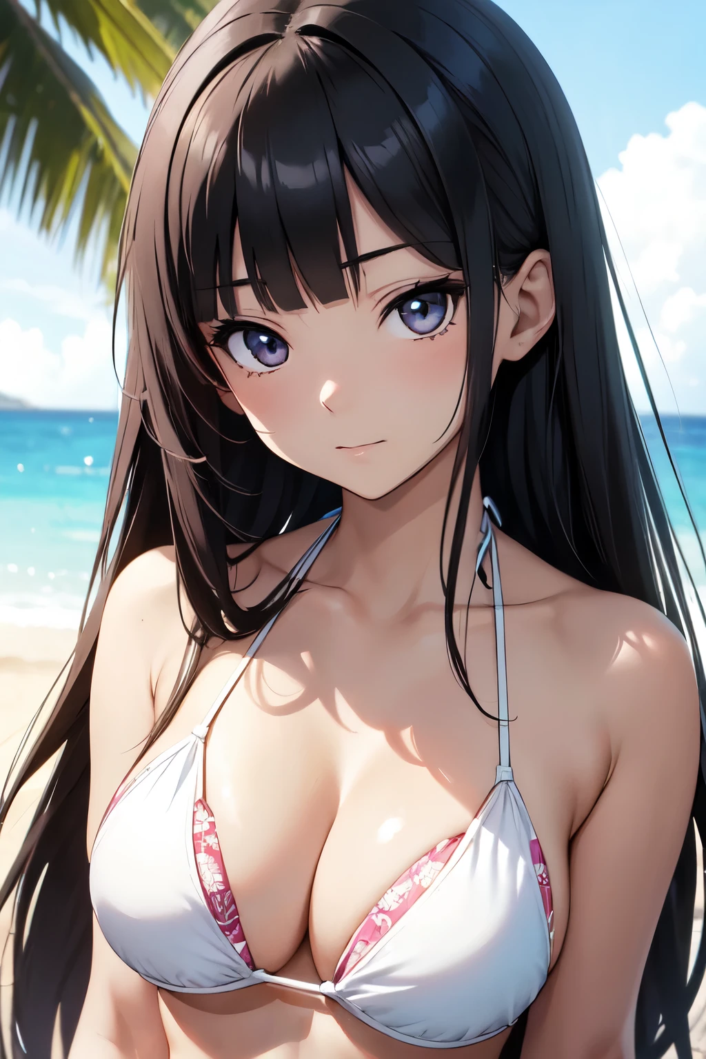 Illustration of a cute Bikini Model girl, (Anime Style:1.2), Tabletop, highest quality, Ultra-detailed, 4K, Absurd, High resolution,break, One Girl, Bikini Model, alone, (, face:1.6), Huge eyes with intricate details, Shining black eyes, Black and long straight hair, Blunt bangs, Medium chest, はにかむ笑face。羞恥心にfaceを赤らめる、curve, break, (Shiny white micro bikini top, Cleavage), break, Seaside, Petricular muscles, White sand beach, wood々Sunlight passes through, , (Background Blur), break, whole body, (Pause of Bikini Models:1.2), from the front. break, Black Hair, break,Slender