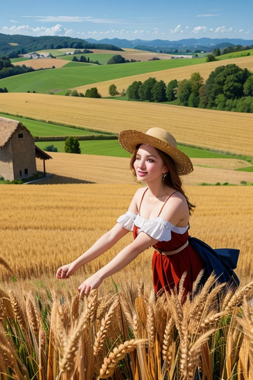 masterpiece, highest quality, Very detailed, 16k, Ultra-high resolution, Overlooking, France around the 15th century, Renaissance, Wheat field, Wheat Harvest, Women harvesting, (Millet's Gleanings)