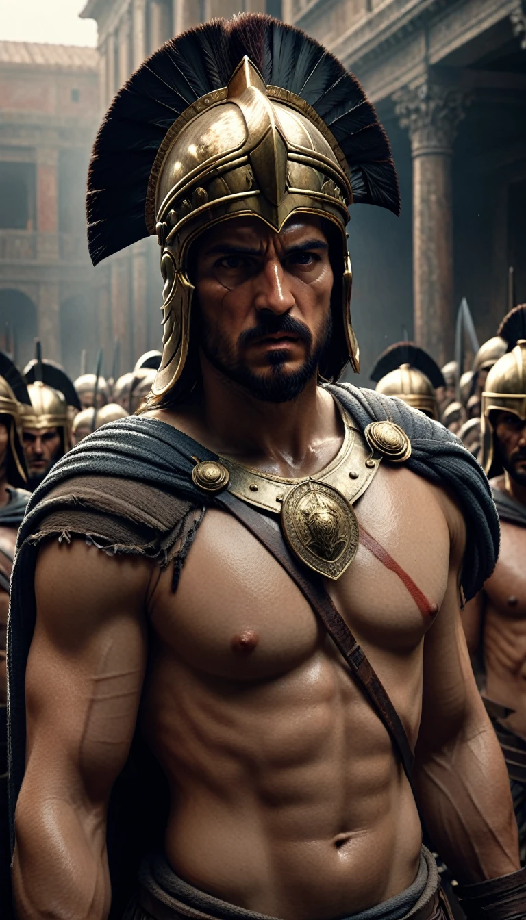 Create a detailed image of the annual Spartan event, featuring a massive arena where the best Spartan warriors and the bravest Helot slaves prepare to battle to the death, digital UHD (64k) image, cinematic film still dramatic side lighting, dramatic intense stare closeup portrait, hdr, shallow depth of field, vignette, highly detailed, high budget Hollywood film, cinemascope, moody, epic, gorgeous
, Highly detailed and clean, Photorealistic and cinematic masterpiece, professional photography, realistic, realism, 200k , Raytracing and light effect, digital, perfect composition, beautiful detailed intricate insanely detailed octane render trending on artstation, 8 k artistic photography, photorealistic concept art, soft natural volumetric cinematic perfect light, the morning mist shone on their bodies, award - winning photograph, masterpiece, raphael, caravaggio, greg rutkowski, beeple, beksinski, giger