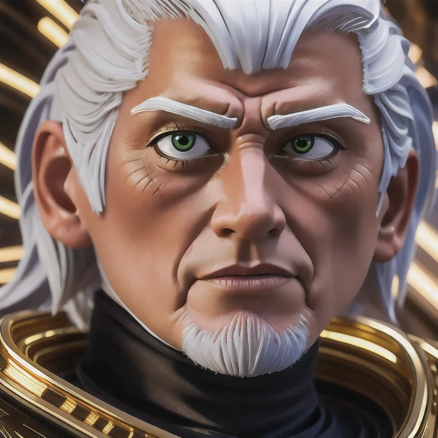 a close up of a person in a gold suit with a white hair, cyborg jd en, cyberpunk jiden, god emperor bdn, emperor b en, jden as an anime villain, j as thos, jen as a sith lord, dark lord bdn, joden with laser eyes, jon as batman