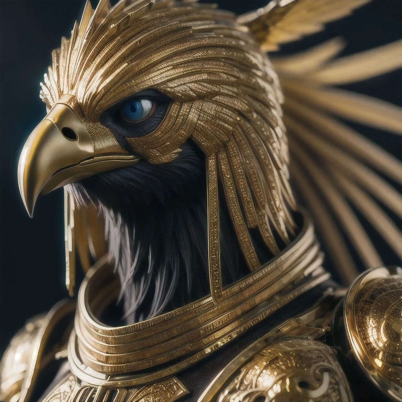 a close up of a statue of a bird with a golden head, high detail 8k render, high detail 8 k render, high detail 4k render, cinematic close-up bust shot, 8 k high detail and intricate, black aarakocra eagle warlord, intricate 8 k render, cinematic closeup!!, intricate 8 k detail, made in unreal engine 5