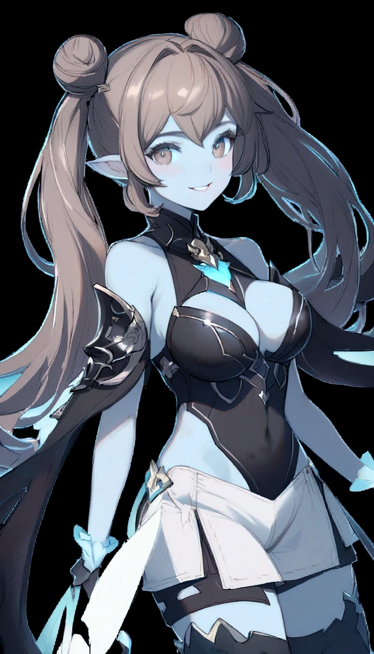 a woman with long hair and a black top is standing in front of a black background, biomechanical oppai, cushart krenz key art feminine, granblue fantasy, armor girl, from arknights, holy cyborg necromancer girl, ayaka genshin impact, detailed digital anime art, extremely detailed artgerm, smile, warm, alien wings