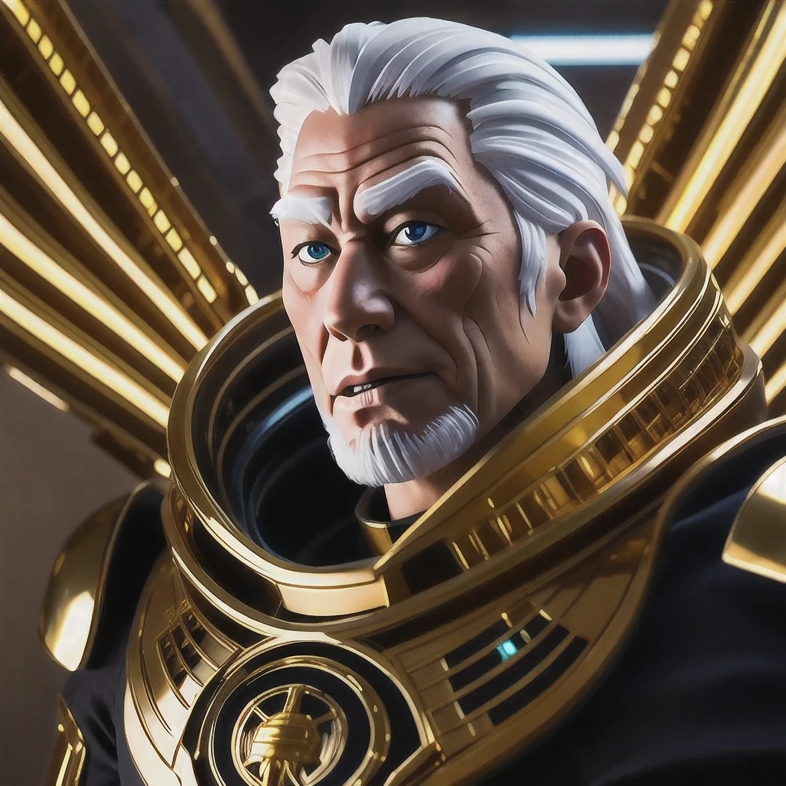 a close up of a person in a gold suit with a white hair, cyborg jd en, cyberpunk jiden, god emperor bdn, emperor b en, jden as an anime villain, j as thos, jen as a sith lord, dark lord bdn, joden with laser eyes, jon as batman