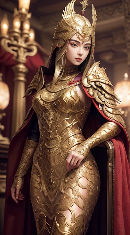 ((Masterpiece))), ((Best Quality))), ((Ultra Detailed)), (Surreal), (Highly Detailed CG Illustration), Cinematic Light, Realistic, Very Beautiful Young Lady,Sexy, Light Makeup,, Intricate Details EABA, Red Cloak, Spear