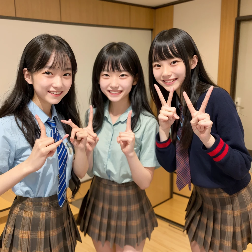 A confident smile, かわいいポーズをとっているtwo students demonstrating a gesture commonly associated with a peace sign while speaking by teleTelephone, skirt, Black Hair, indoor, in, Telephone, shirt, ((((complete fiine fingers))))