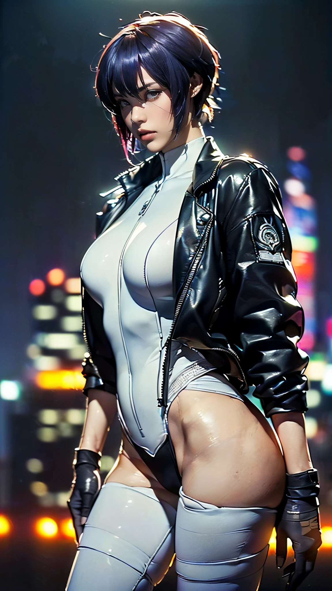 (One Woman),(motoko kusanagi:1.5),(((Special forces woman standing:1.5))),((White Tactical High Leg Bodysuit:1.5)),((Black jacket:1.5)),(Black gloves:1.5),(Severe:1.5),(short hair:1.5),(Purple Hair),(Beautiful Eyes:1.3),(Very detailedな顔:1.5),((Very detailedな女性の手の描画:1.5)),((Muscular:1.5)),(Sexy Looks:1.5),((Thick thighs:1.5)),(Beautiful body:1.5),((Very sensual:1.5)),(Skyscrapers at night on the background:1.5),(Cyberpunk atmosphere:1.5),(((Blur the background:1.5))),(Written boundary depth:1.5),break(((masterpiece:1.5),(highest quality:1.5),(Very detailed:1.5),(High resolution:1.5),(Realistic:1.5),(Realistic:1.5),(Delicate depiction),(Careful depiction))),8k,wallpaper