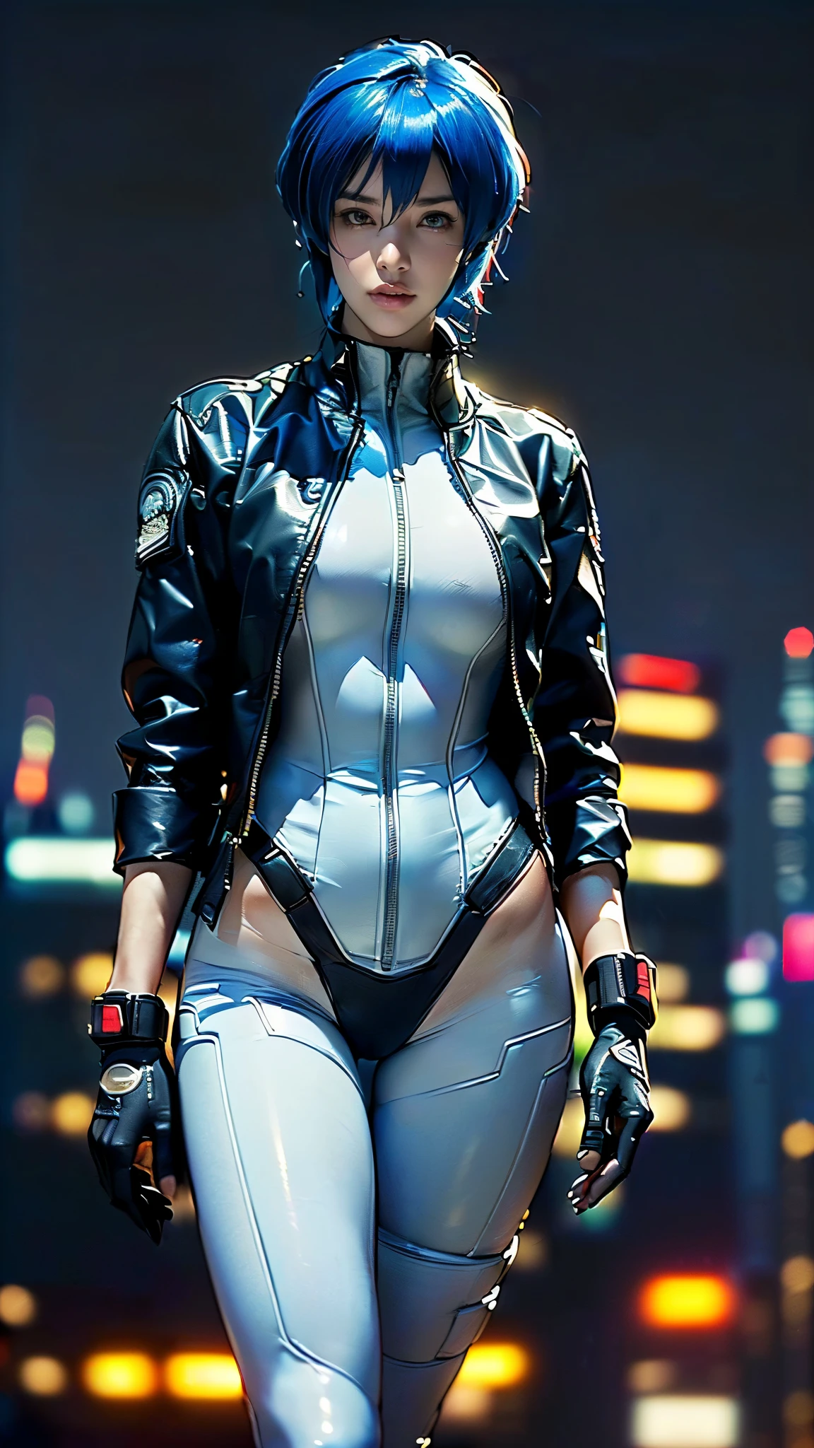 (One Woman),(motoko kusanagi:1.5),(((Special forces woman standing:1.5))),((White Tactical High Leg Bodysuit:1.5)),((Black jacket:1.5)),(Black gloves:1.5),(Severe:1.5),(short hair:1.5),(Purple Hair),(Beautiful Eyes:1.3),(Very detailedな顔:1.5),((Very detailedな女性の手の描画:1.5)),((Muscular:1.5)),(Sexy Looks:1.5),((Thick thighs:1.5)),(Beautiful body:1.5),((Very sensual:1.5)),(Skyscrapers at night on the background:1.5),(Cyberpunk atmosphere:1.5),(((Blur the background:1.5))),(Written boundary depth:1.5),break(((masterpiece:1.5),(highest quality:1.5),(Very detailed:1.5),(High resolution:1.5),(Realistic:1.5),(Realistic:1.5),(Delicate depiction),(Careful depiction))),8k,wallpaper