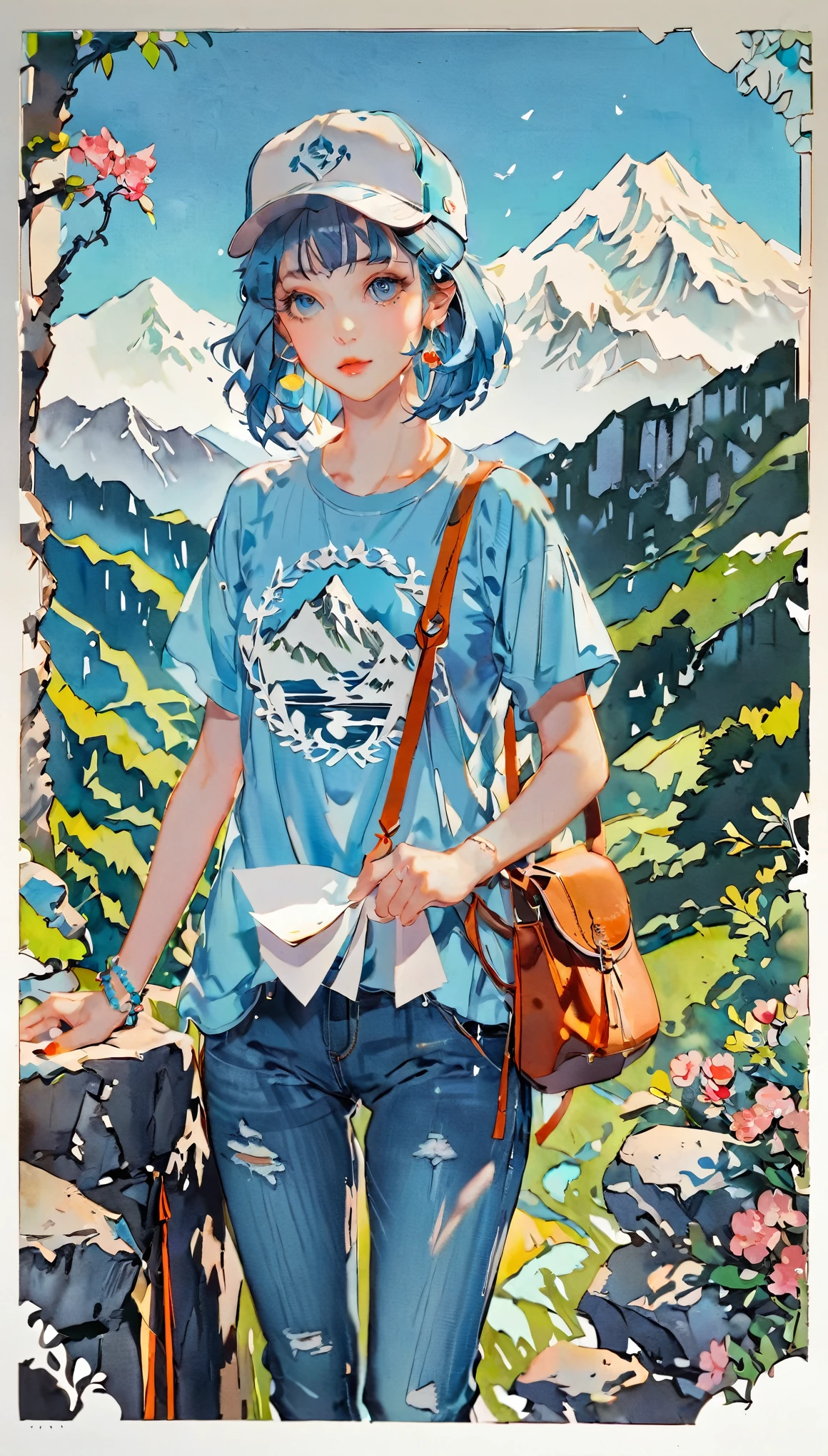 (((paper cutting style))), 1 girl, blue medium hair, cap, portfolio, shirts, denim, mountain