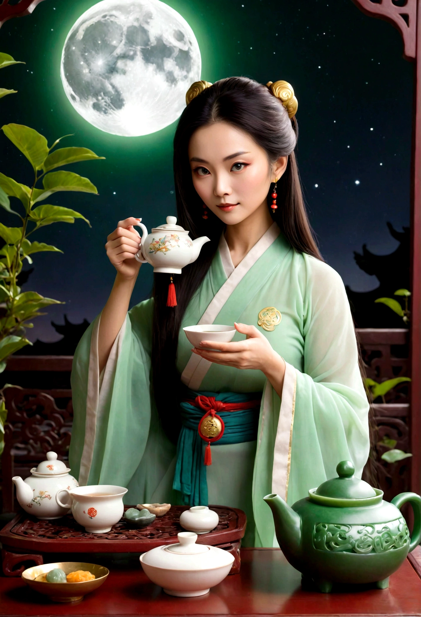 goddess Chang'e sitting pouring tea from a jade teapot with a full moon in the background, with a more ethereal atmosphere, ela semitransparente, com um espectro de luz, para poder usar como logo em um trabalho dobre a mitologia chinesa