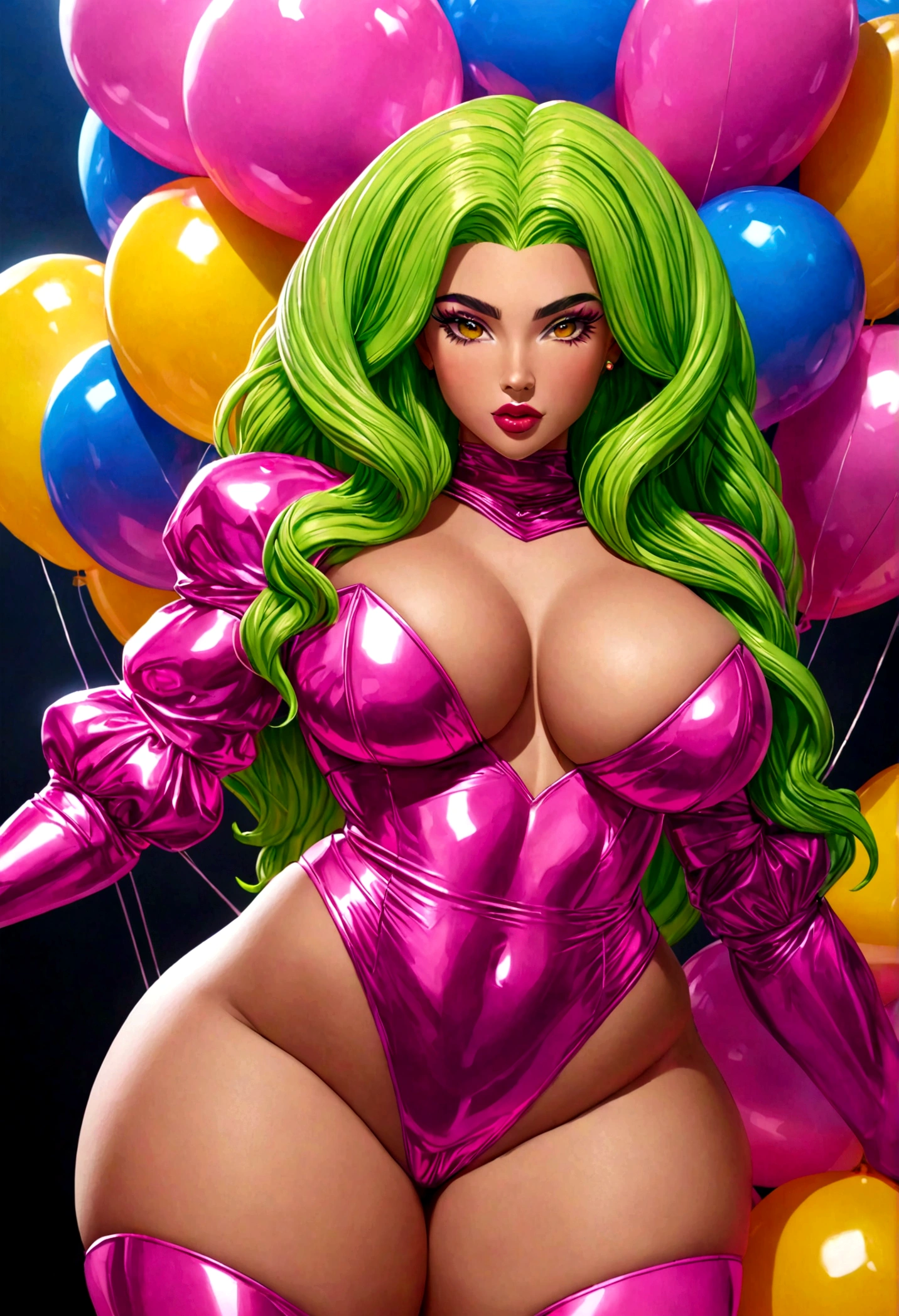 objective: (), neon pink, attire: (), personality: (), physique: (A (bottom-heavy, superior) body part, exaggerated curves), narrow triangular waist, wide trapezoidal hips, location: (balloon costume contest), resolution: (ultra photo-realistic resolution, 80 mm, 8k uhd, highres, sharp focus, extremely detailed, cinematic lighting, epic, focus: sharp, details: extreme, lighting: cinematic, soft lighting, warm color palette, best quality), A (bottom-heavy, superior) body part, epic, {{{masterpiece photography}}}, genetically modified to have the widest hips in the world with the smallest chest in the World, drop dead gorgeous bitch duo, 32 years old, Perfect lady duo, (sharp focus:1.5), photo, extremely attractive, with lots of bio-translucent slime & lime inflatable parts & and big puffy sleeves, and thick legs thighs hips, Dua Lipa as Megan thee Stallion as Vixen (from dc comics), Womancore, A (bottom-heavy, superior) body part, big widespread hips, shot on portra 120, synthwave, by DynastySeries FashionNova, ultra photo-realistic resolution, 80 mm, 8k uhd, highres, sharp focus, extremely detailed, cinematic lighting, exaggerated curves