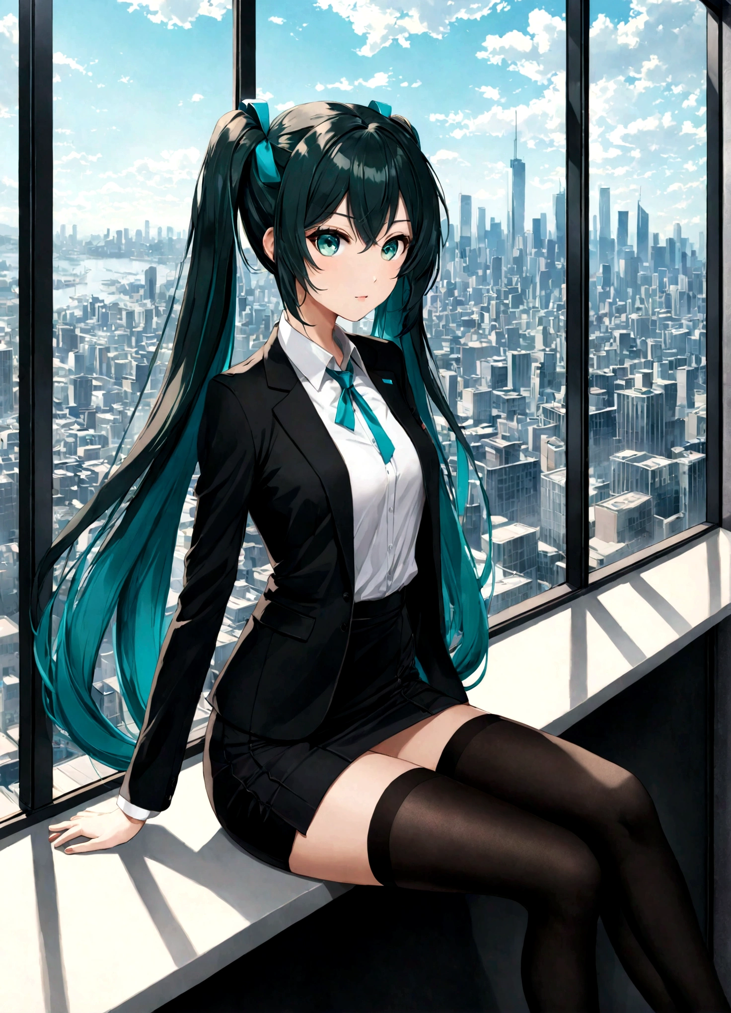 girl wearing white shirt, black short skirt, thin black jacket, black hair, super long hair, calf length hair, thick bangs, black hatsune miku style hair tied on both sides, emerald green eyes, perfect face, beautiful eyes, tall, stockings, high heels, luxury office background, glass window overlooking the city, morning