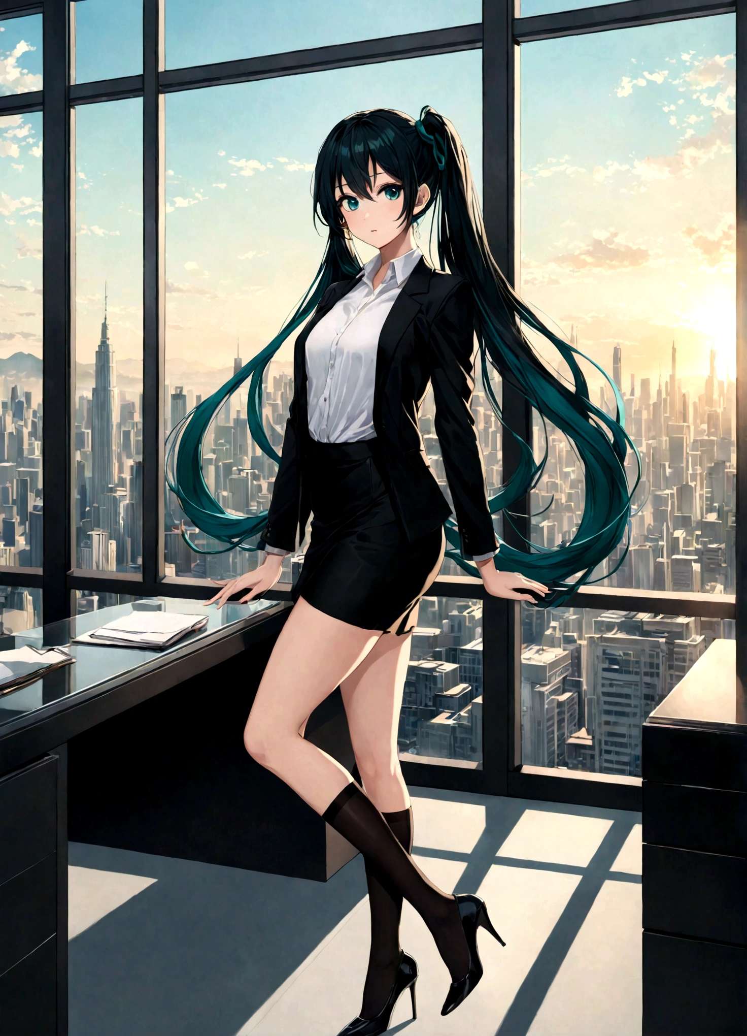 girl wearing white shirt, black short skirt, thin black jacket, black hair, super long hair, calf length hair, thick bangs, black hatsune miku style hair tied on both sides, emerald green eyes, perfect face, beautiful eyes, tall, stockings, high heels, luxury office background, glass window overlooking the city, morning