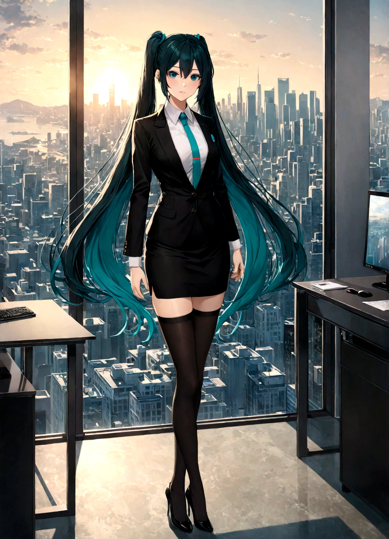 girl wearing white shirt, black short skirt, thin black jacket, black hair, super long hair, calf length hair, thick bangs, black hatsune miku style hair tied on both sides, emerald green eyes, perfect face, beautiful eyes, tall, stockings, high heels, luxury office background, glass window overlooking the city, morning