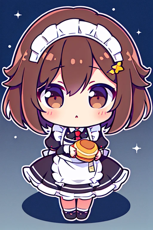 masterpiece, best quality, 8k, cinematic light, ultra high res, chibi, 1girl, maid dress, holding pancake, short brown hair, estrella adorno para el pelo, hair ornament, full body,