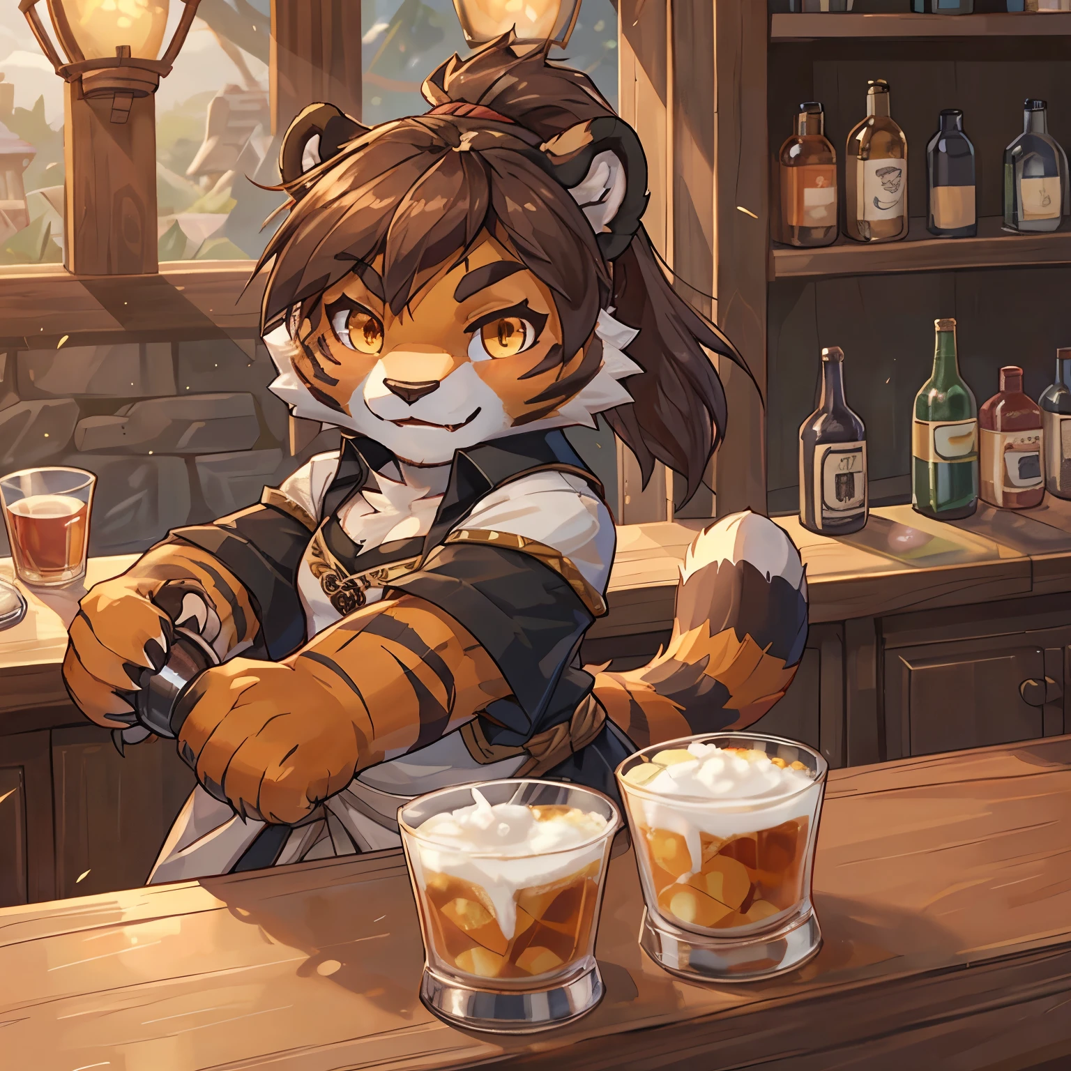 (4fingers), small_round_ears, small_panda_ears, pandaren, world_of_warcraft, furry, anthropomorphic, fluffy_tail, foxtail, cfemale, claws, red_panda, tiger_stripes, tiger_face, flat_chested, shortstacK, short, short_stack, amber_eyes, pupils, (tiger_legs), (left_foot_black_fur), (right_foot_white_fur), (four_fingers), waist_long_ponytail, brown_hair, (three_toes), (3toes), simple clothing, detailed_eyes, detailed_face, bartending, behind_the_counter, larger_world