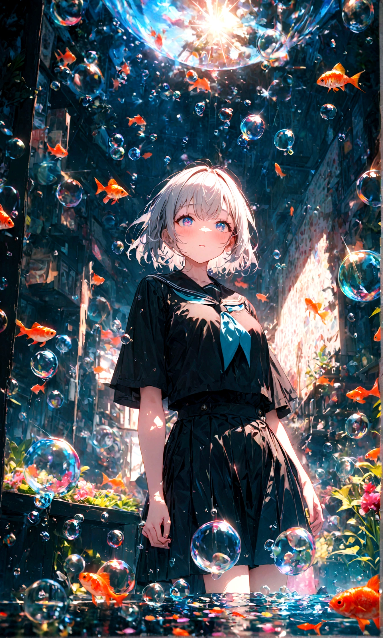 (female\(student, age of 15, JK, short hair, silver hair, floating hair, cosmic colored eyes, black color sailor uniform\(of high school\), pale skin, tired face, no shine in the eyes\) is looking up at the sky), (so many goldfish are swimming in the air), beautiful sky, beautiful clouds, summery colorful flowers are blooming here and there, (crystal clear bubbles are shining prism here and there in the sky), the noonday moon and noonday stars in the sky, female is at messy downtown, BREAK ,quality\(8k,wallpaper of extremely detailed CG unit, ​masterpiece,hight resolution,top-quality,top-quality real texture skin,hyper realisitic,increase the resolution,RAW photos,best qualtiy,highly detailed,the wallpaper,cinematic lighting,ray trace,golden ratio\),(long shot),wide shot,