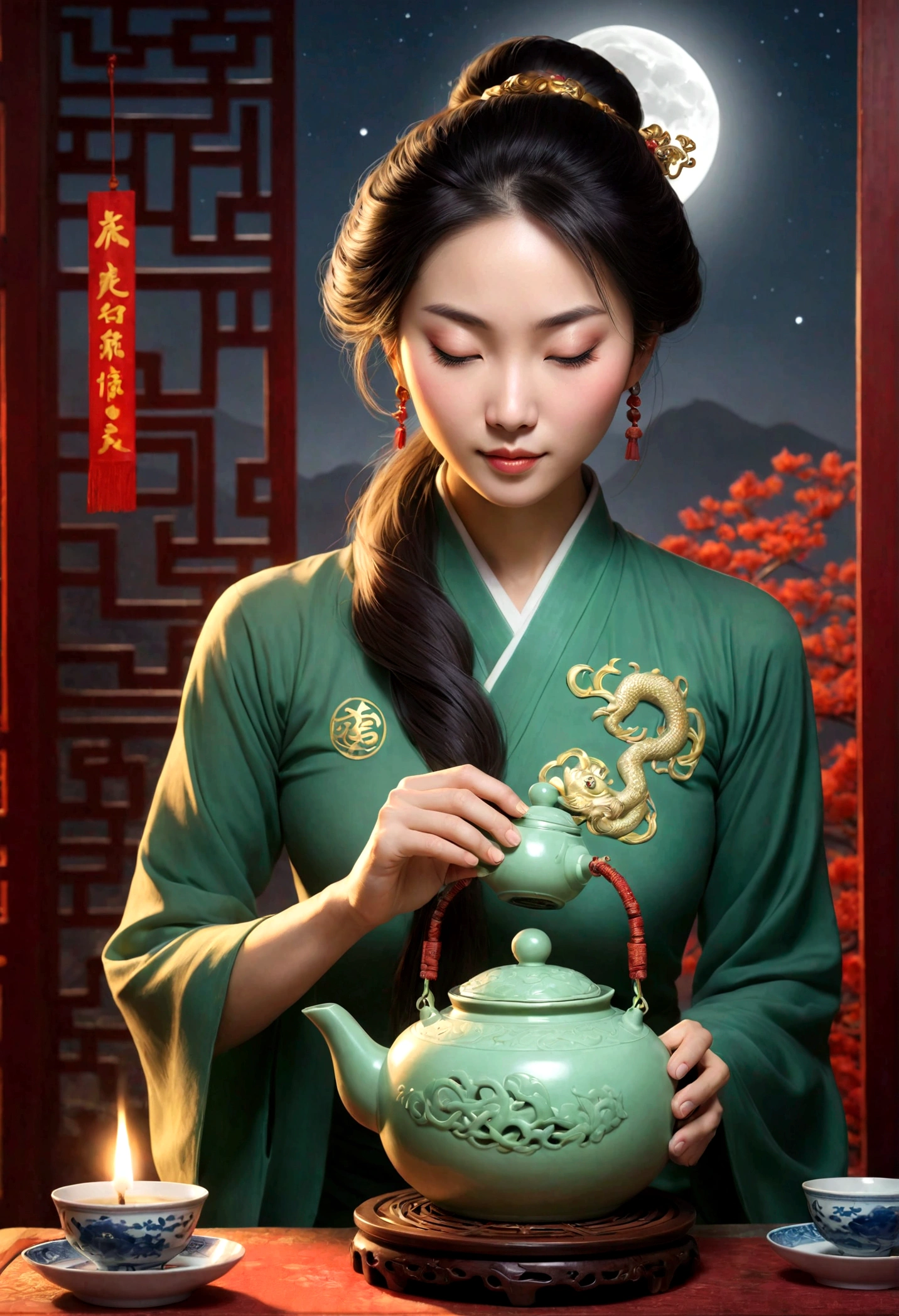 Mulher chinesa (jovem, 35 anos), como um espectro de luz(deusa chinesa), sitting pouring tea from a jade teapot with a full moon in the background, with a more ethereal atmosphere, ela semitransparente, com um espectro de luz, para poder usar como logo em um trabalho dobre a mitologia chinesa