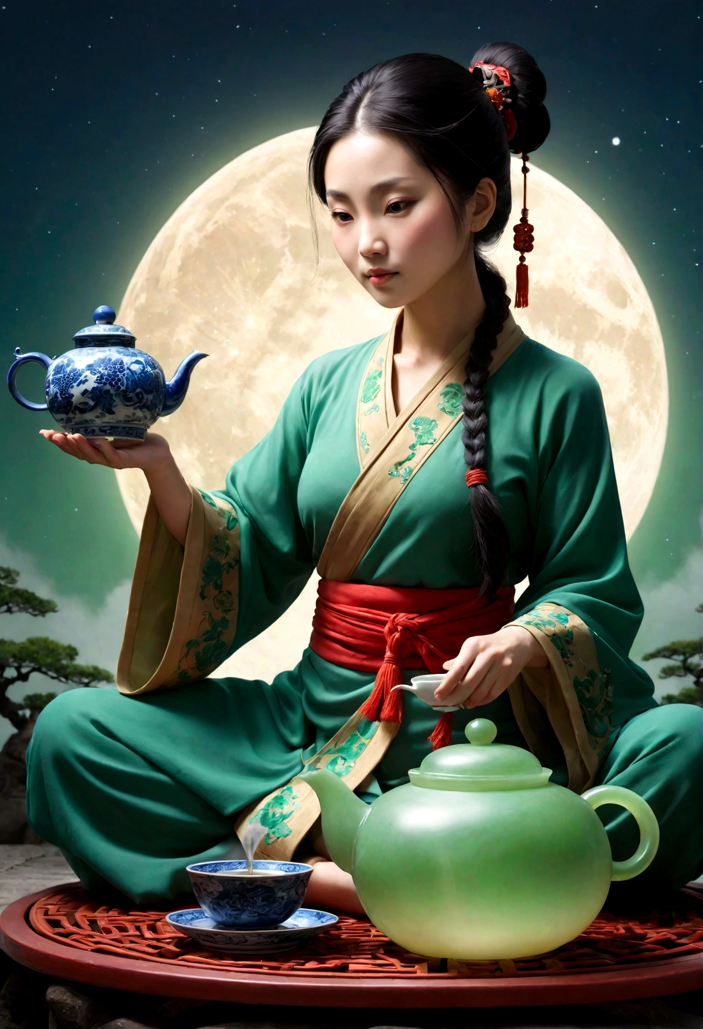 Mulher chinesa (jovem, 35 anos), como um espectro de luz(deusa chinesa), sitting pouring tea from a jade teapot with a full moon in the background, with a more ethereal atmosphere, ela semitransparente, com um espectro de luz, para poder usar como logo em um trabalho dobre a mitologia chinesa