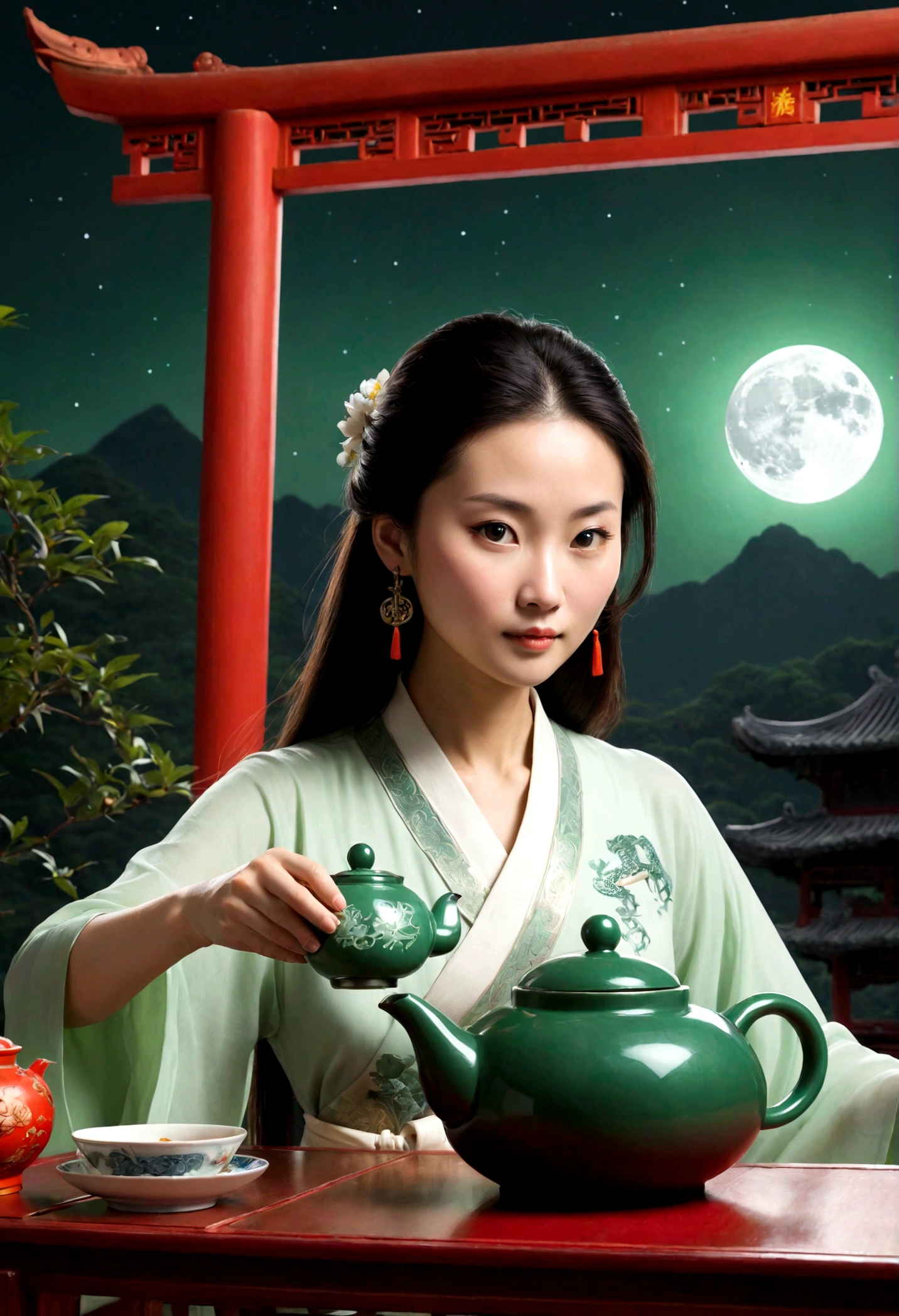 Mulher chinesa (jovem, 35 anos), como um espectro de luz(deusa chinesa), sitting pouring tea from a jade teapot with a full moon in the background, with a more ethereal atmosphere, ela semitransparente, com um espectro de luz, para poder usar como logo em um trabalho dobre a mitologia chinesa