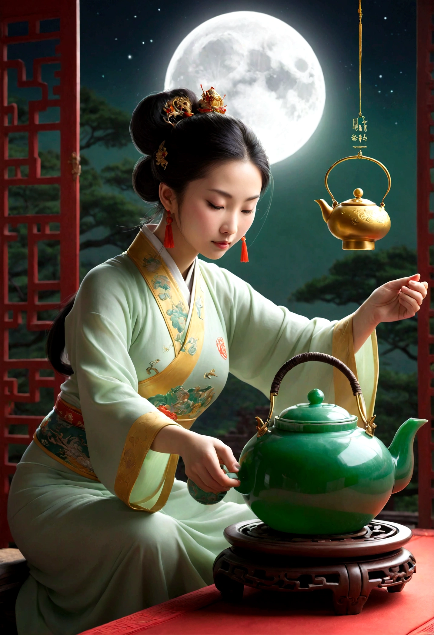 Mulher chinesa (jovem, 35 anos), como um espectro de luz(deusa chinesa), sitting pouring tea from a jade teapot with a full moon in the background, with a more ethereal atmosphere, ela semitransparente, com um espectro de luz, para poder usar como logo em um trabalho dobre a mitologia chinesa