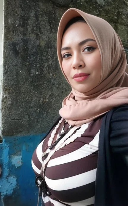 RAW, Best quality, high resolution, masterpiece: 1.3), beautiful malaysian woman in hijab,Masterpiece, perfect slim fit body, (big breastig gorgeous eyes, Soft smile, wear a light tight shirt and very tight light legging. cameltoes.panties lines.necklace, shairband, evening view. freestyle pose. waterfall view. Excellent lighting, Bright colors, Clean lines.