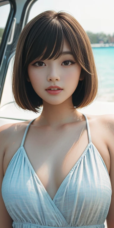 High resolution, masterpiece, high quality, High resolution, Focus on the face of one young woman, Portrait, Swimwear,Bob Hairstyle