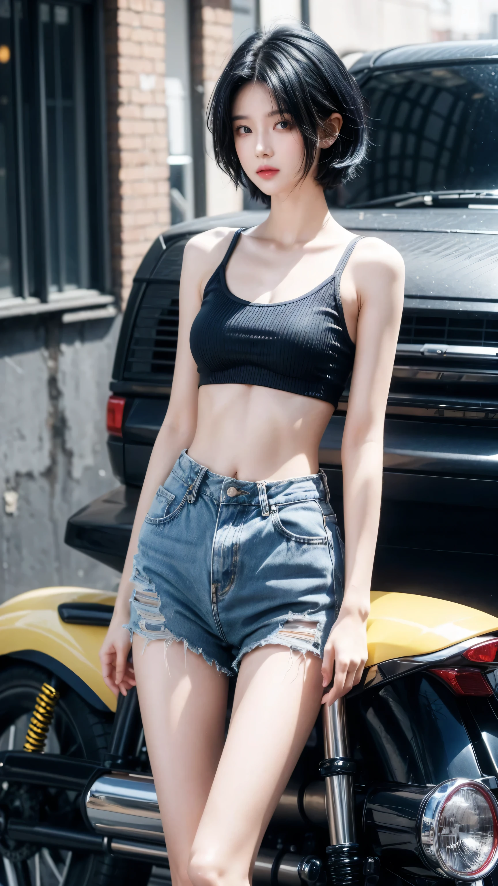 best quality, 1 Girl, dark blue hair, black eyes, Very short hair, Spiky hair, Crop Top Drape, , High waist short jeans, 171 cm, Messy hair, Hair between the eyes, Medium breasts, full, Tomboy, aldult, 20 years old, 1 Girl near yellow motorcycle