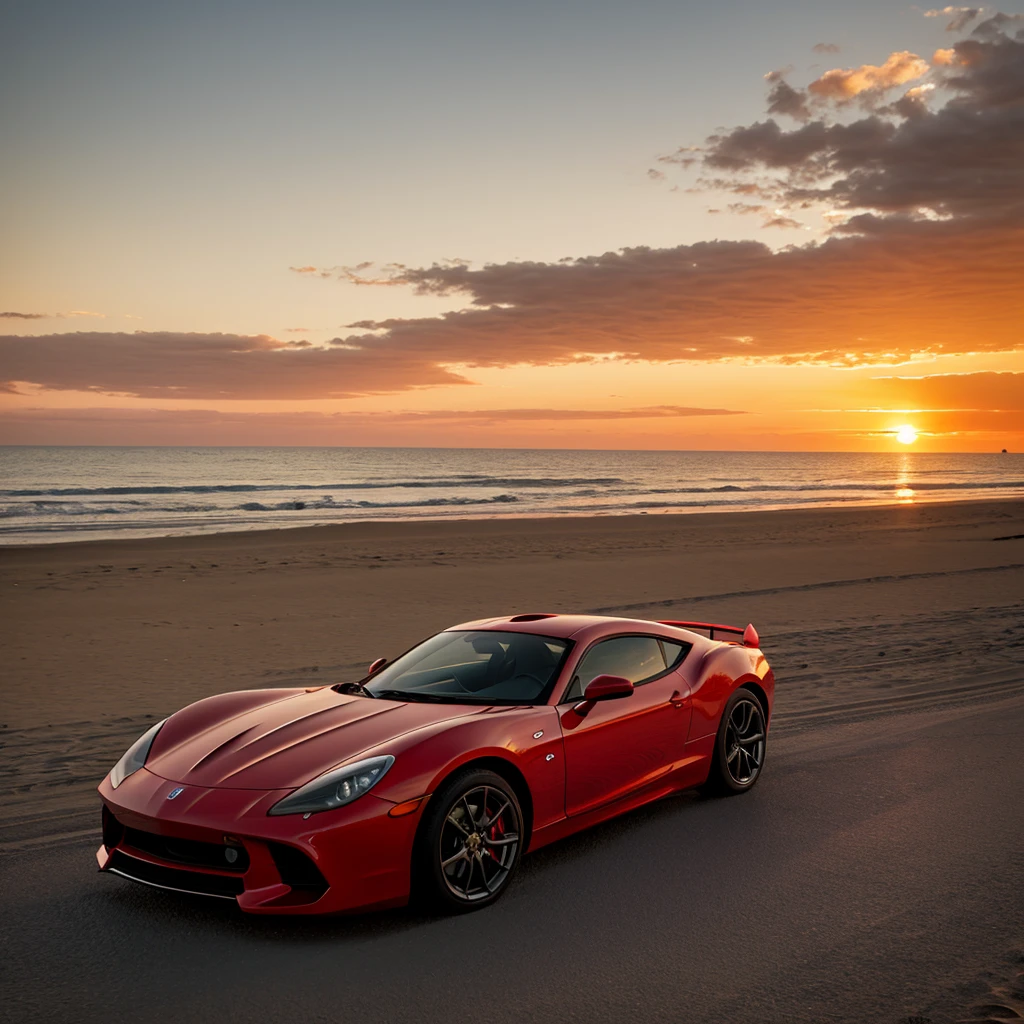 Red sports car driving along the beach at sunset. One sun. One car