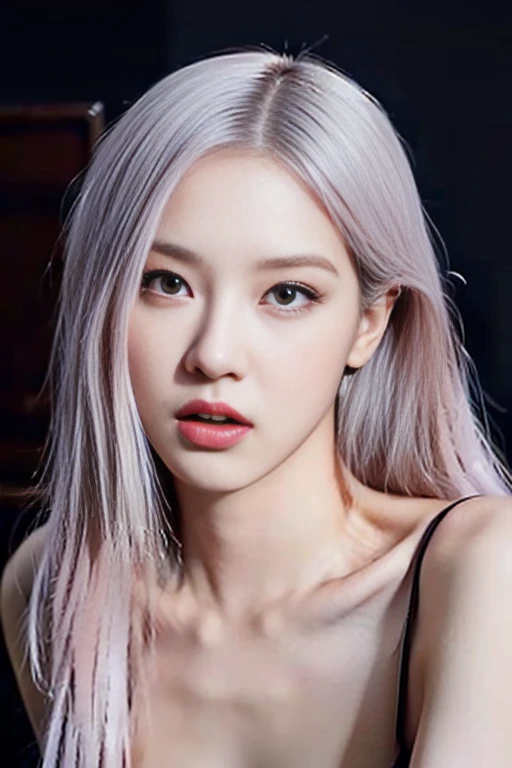 a pretty woman with sexy face, Rose for BLACKPINK, yellow eyes, white hair, slim body, huge breasts, pink nipples, dark hairy pussy, sensual pose, 8k, high quality, cinematic lighting, hyper detailed, oil painting, vibrant colors, photorealistic