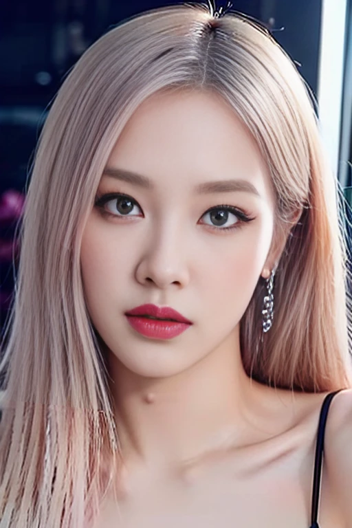 a pretty woman with sexy face, Rose for BLACKPINK, yellow eyes, white hair, slim body, huge breasts, pink nipples, dark hairy pussy, sensual pose, 8k, high quality, cinematic lighting, hyper detailed, oil painting, vibrant colors, photorealistic
