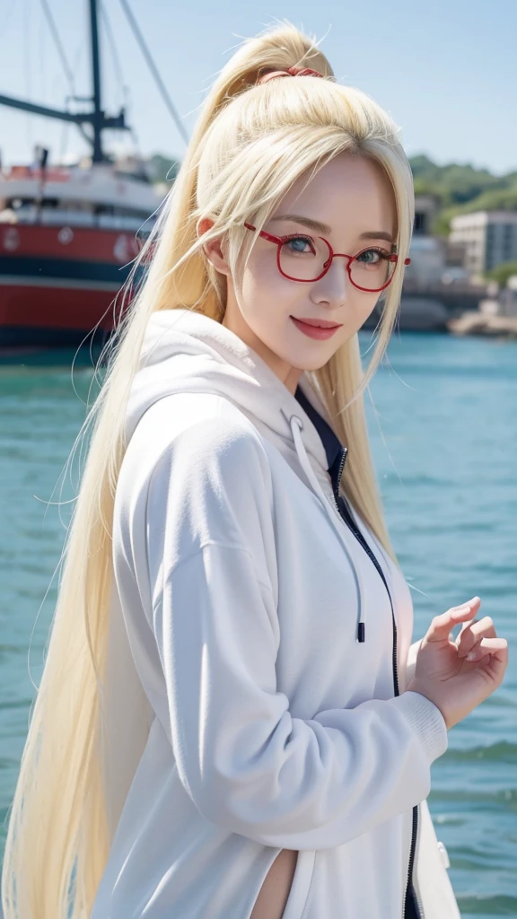 One girl, ino yamanaka in anime naruto shippuden, Long Hair, Yellow Hair, blue eyes, beautiful, smile, hoodie white, Wear glasses, Boat Background, Super detailed, Realistic, Red lips