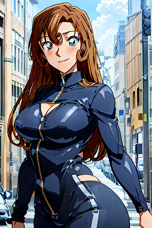 poster, Anime style, Employed ((motorcycle)), (Female cyclist), (slim body), Mature woman, , (Zipper Bodysuit, Motorcycle Clothes) victorious, Gorgeous, Winner, confident face, Smile, (Shut up), (Pale skin, shiny skin, lights and shadows), (((Full breasts,)))(((Large Breasts))) Expose((Cleavage)),, (Only stretch one arm), long belly, Clenched fist, Tempting, (Brown, long hair, Curly bangs), 37 years old