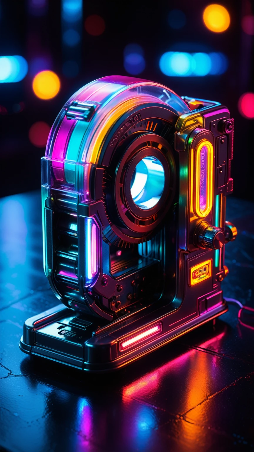 cyberpunk mini tape dispenser, colorful cyberpunk style, neon lights, dark mood, high contrast, (Masterpiece:1.3), (best quality:1.2), (high quality:1.1), detailed intricate design, mechanical components, metallic textures, glowing lights, futuristic technology, urban landscape, moody atmosphere